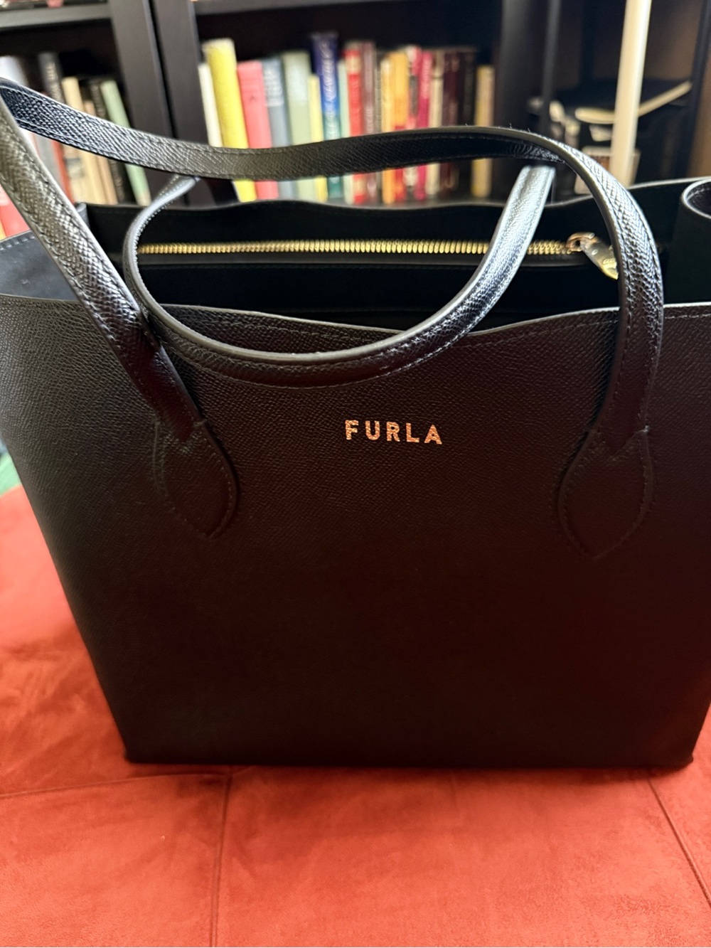 Furla Black Era Leather Tote with Gold Stamped Logo